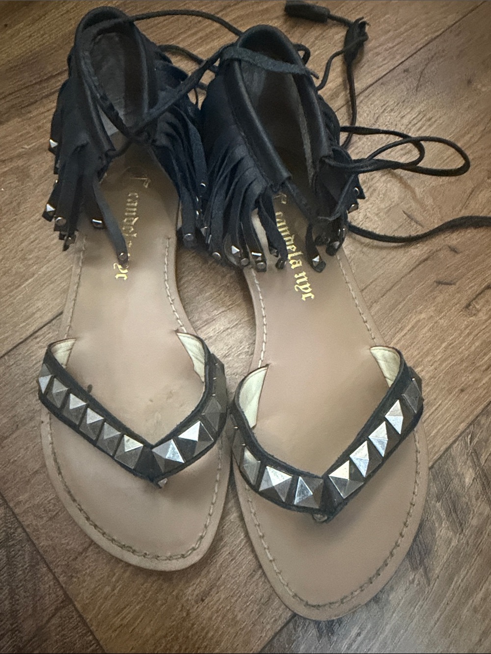 Fringed Black Studded Lace-Up Sandals